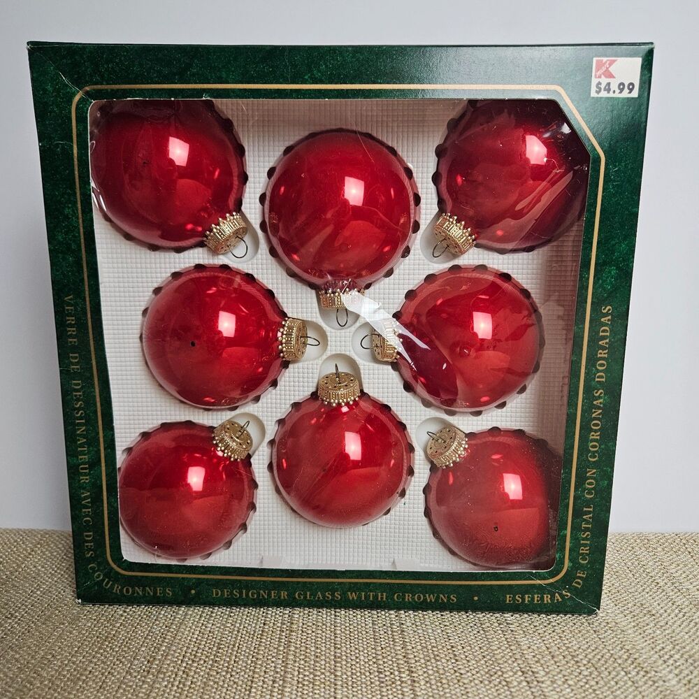 Christmas by Krebs Red Glass Ball Ornaments Set of 8 Made in USA Vtg Condition